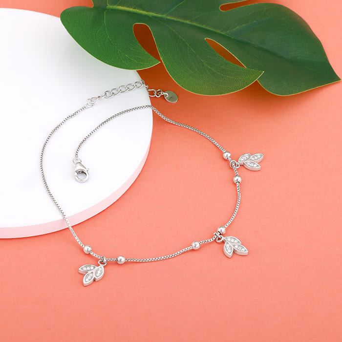 Silver Dangling Triple Leaf Charm Anklet