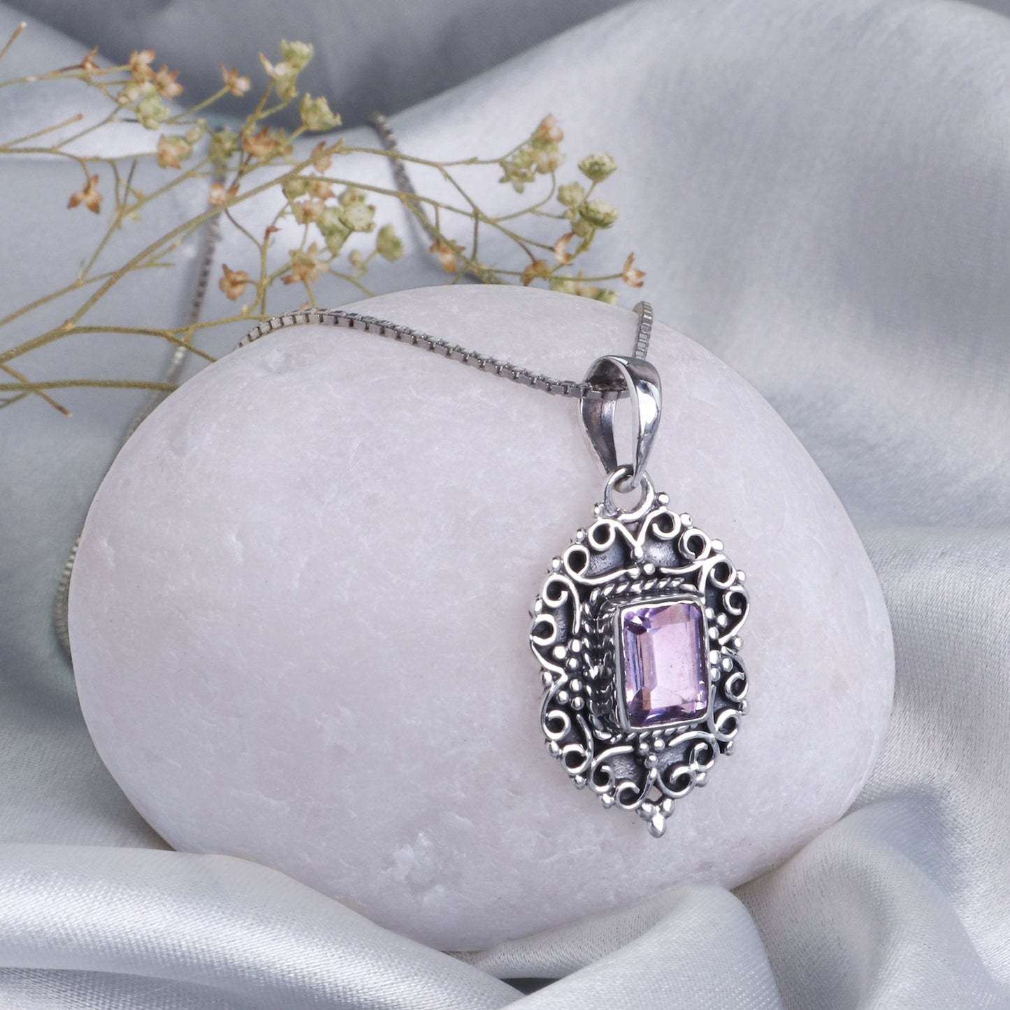 Oxidised Purple Elegance Pendant with Box Chain