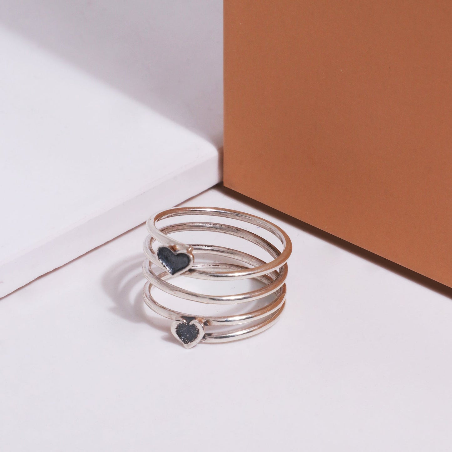 Oxidised Silver Coiled Dual Heart Ring