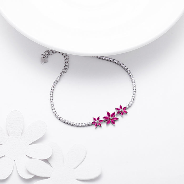 Silver Pink Floral Tennis Bracelet