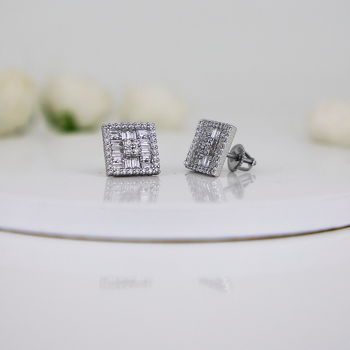 Silver Zircon Symmetry Square Studs