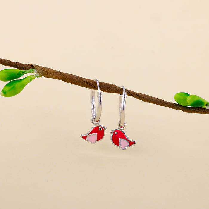 Silver Rosy Bird Kids Hoop Earrings (4-12 yrs)