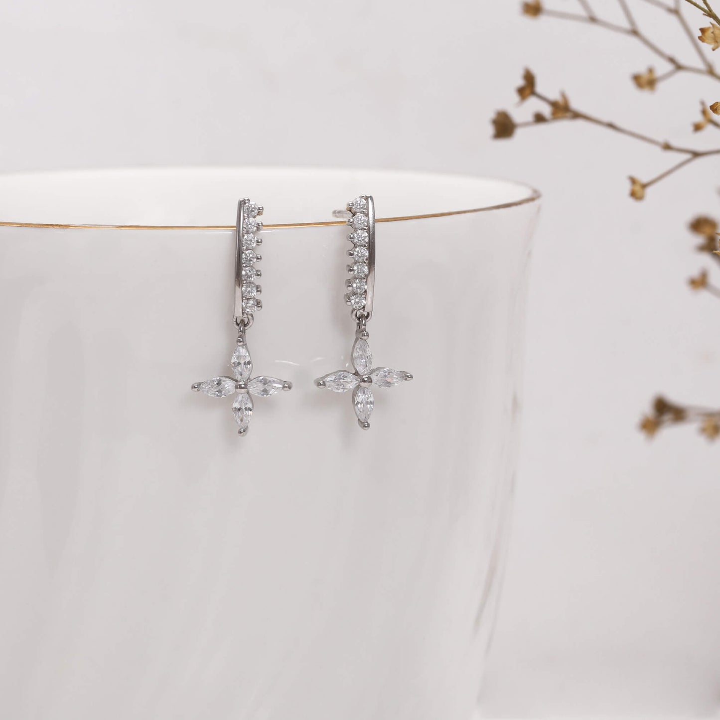 Silver Zircon Floret Drop Earrings