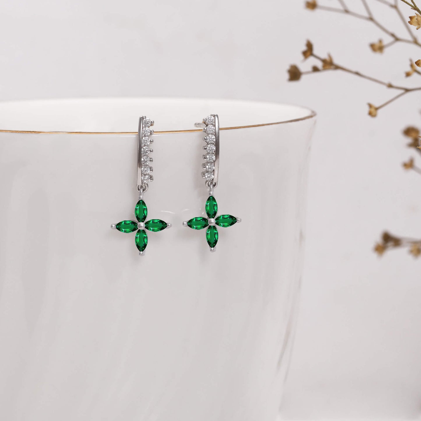 Silver Emerald Green Flower Earrings