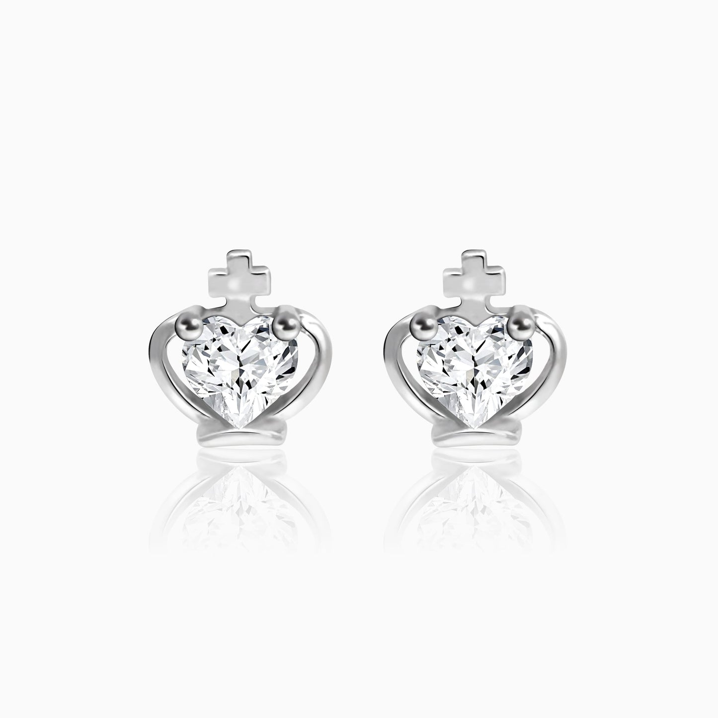 Silver Zircon Crown Heart Earrings