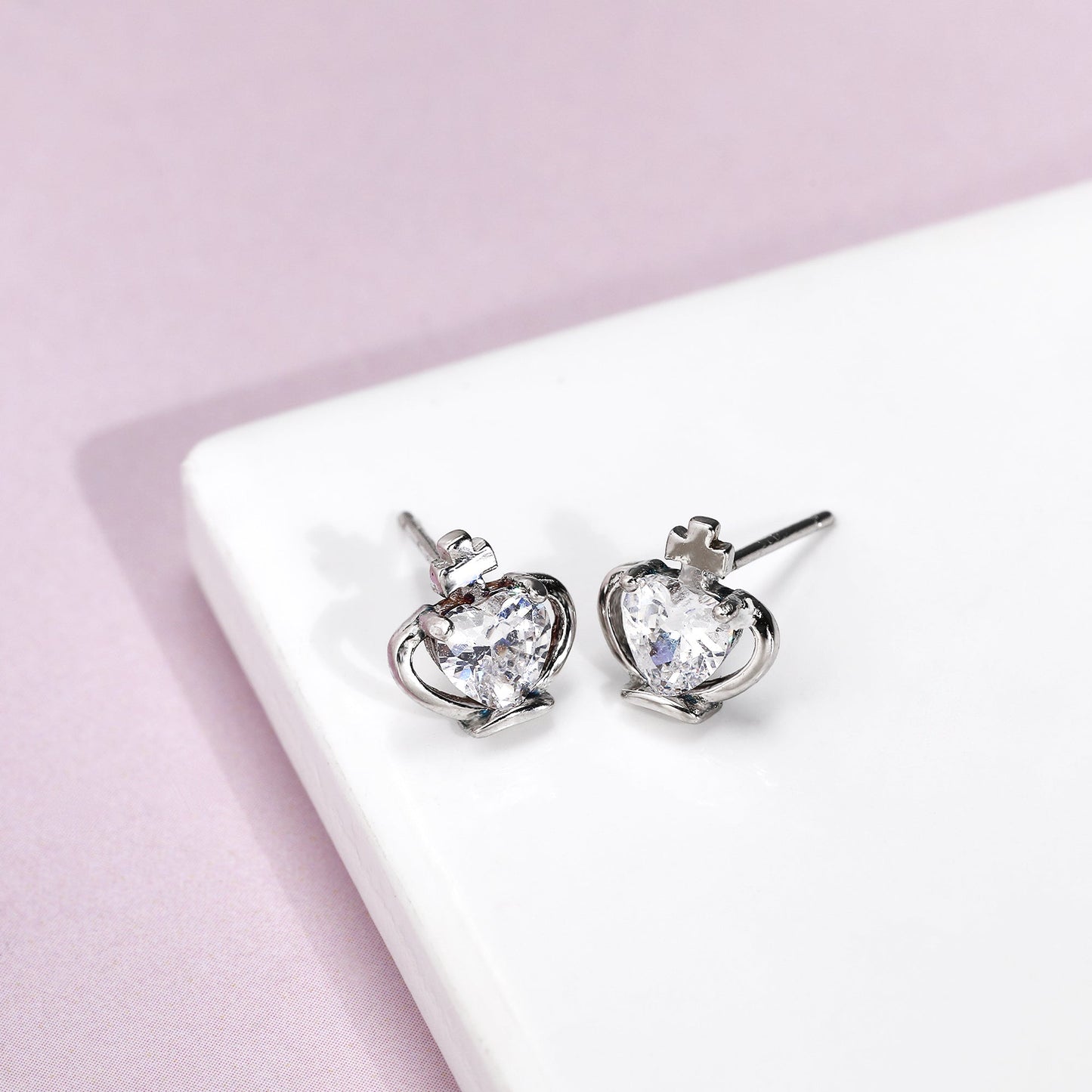 Silver Zircon Crown Heart Earrings