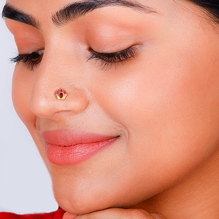 Golden Pink Stone Lotus Nose Pin
