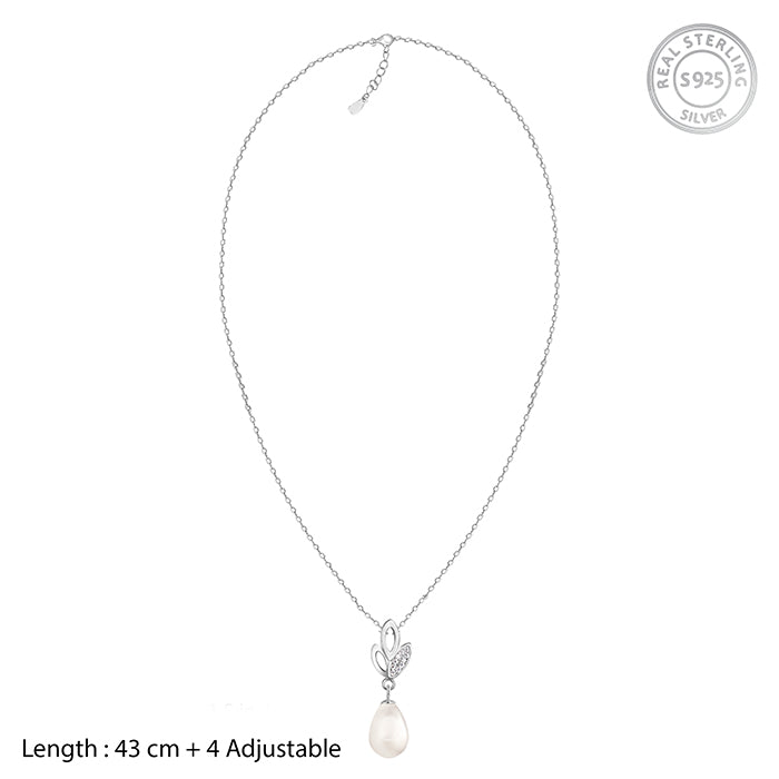 Silver Leafy Pearl Pendant with Link Chain
