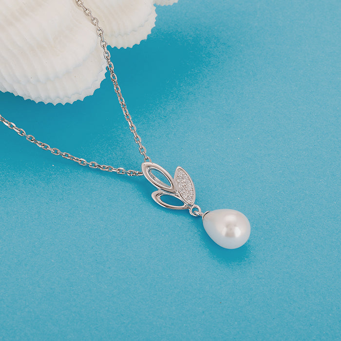 Silver Leafy Pearl Pendant with Link Chain