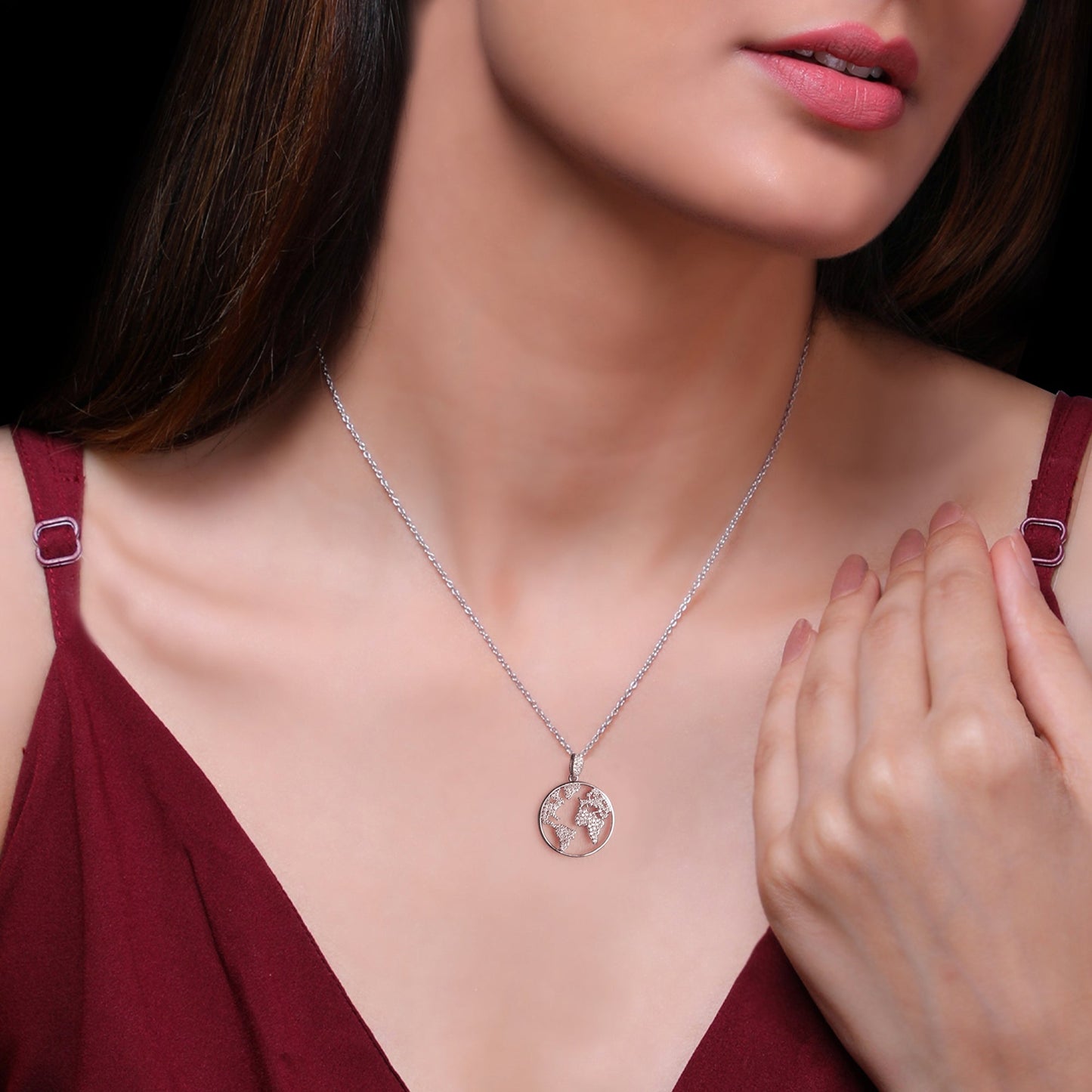 Silver Zircon World Pendant with Link Chain