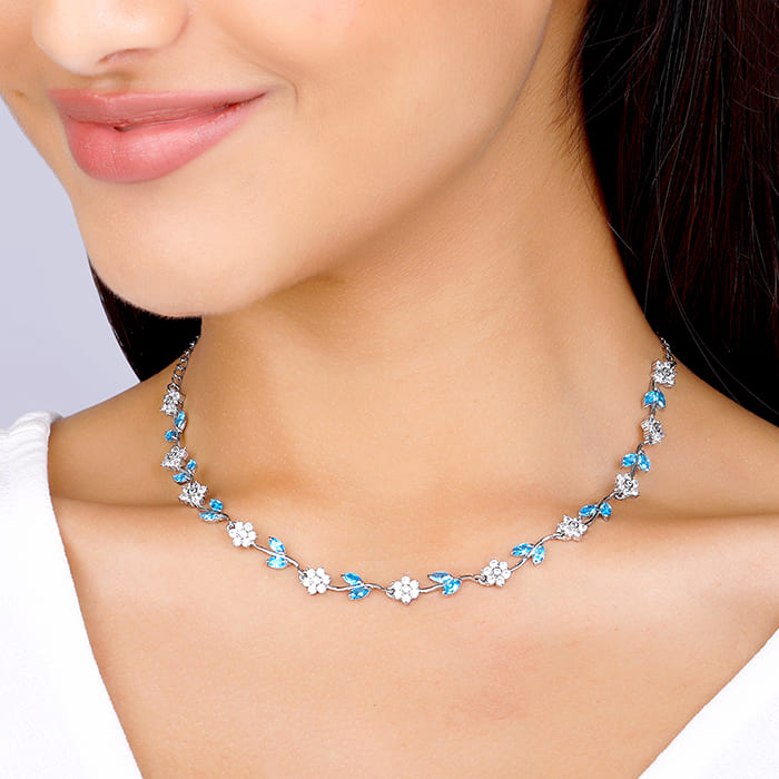 Silver Aqua Blue Floral Necklace