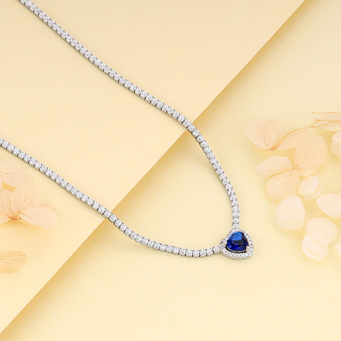Silver Solitaire Blue Heart Necklace