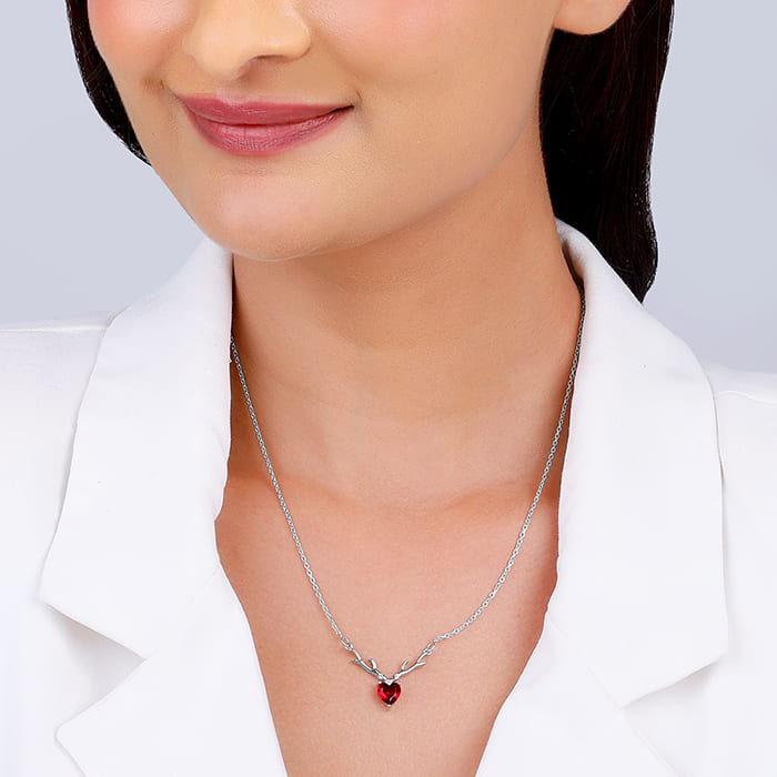 Silver Deer Heart in Red Necklace