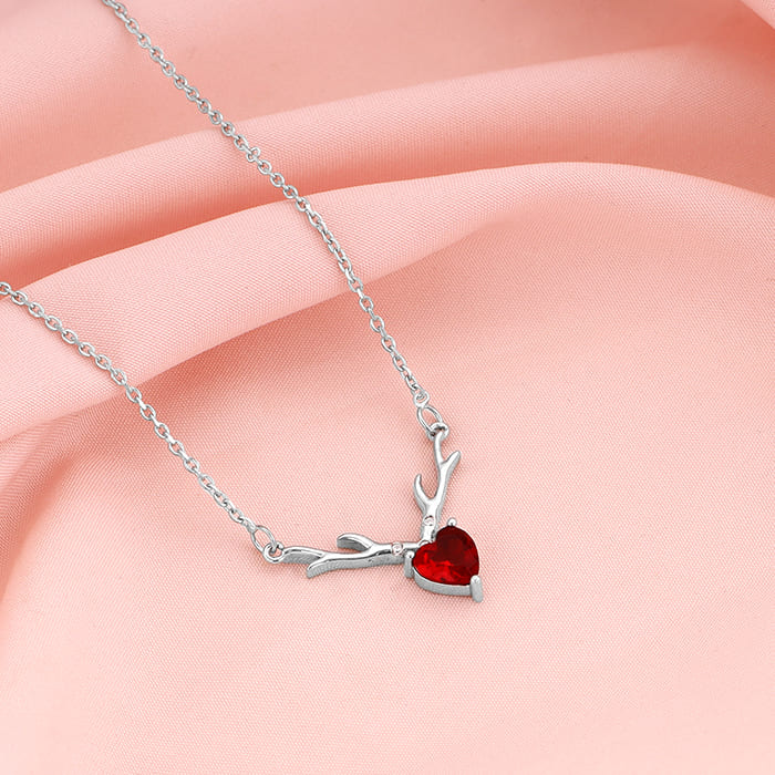 Silver Deer Heart in Red Necklace