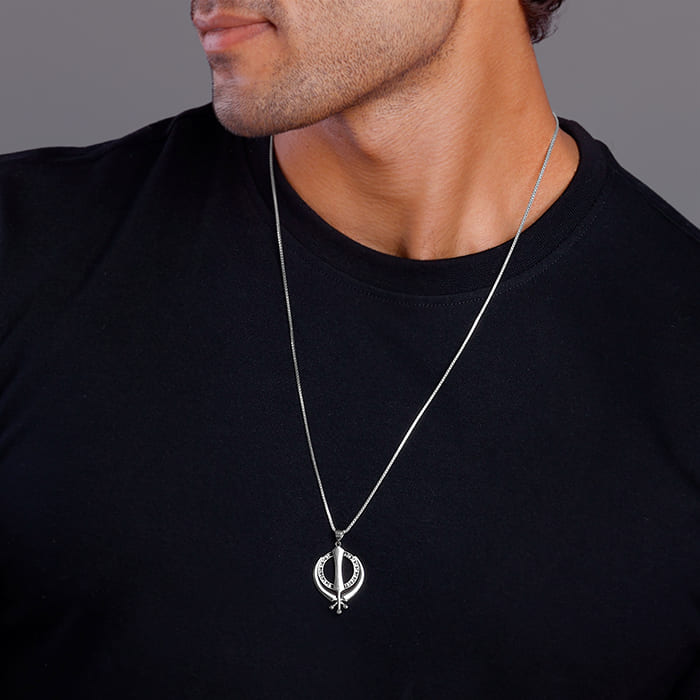 Silver Sikh Khanda Symbol Pendant With Box Chain For Him