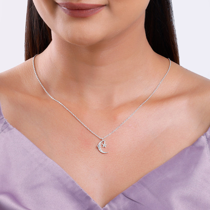 Silver Crescent Moon Star Pendant with Link Chain