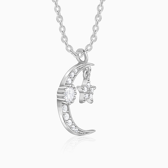 Silver Crescent Moon Star Pendant with Link Chain