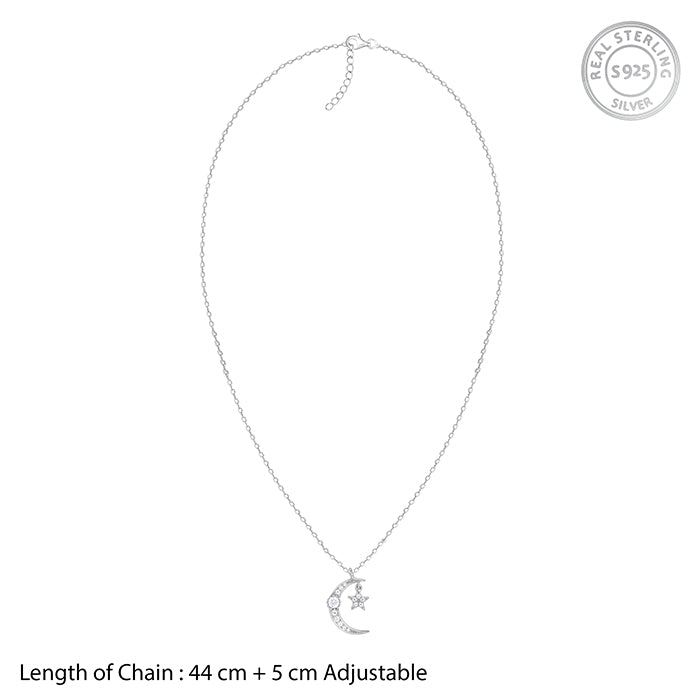 Silver Crescent Moon Star Pendant with Link Chain
