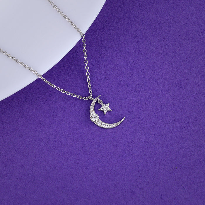 Silver Crescent Moon Star Pendant with Link Chain