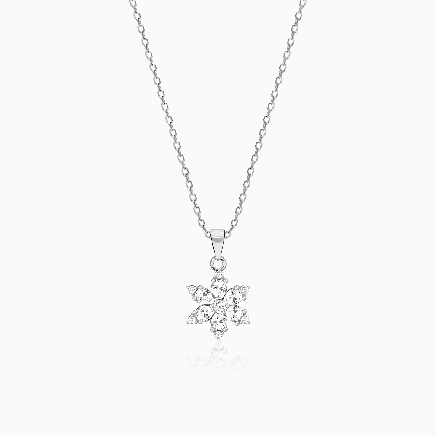 Silver Flowery Snowflake Pendant With Link Chain