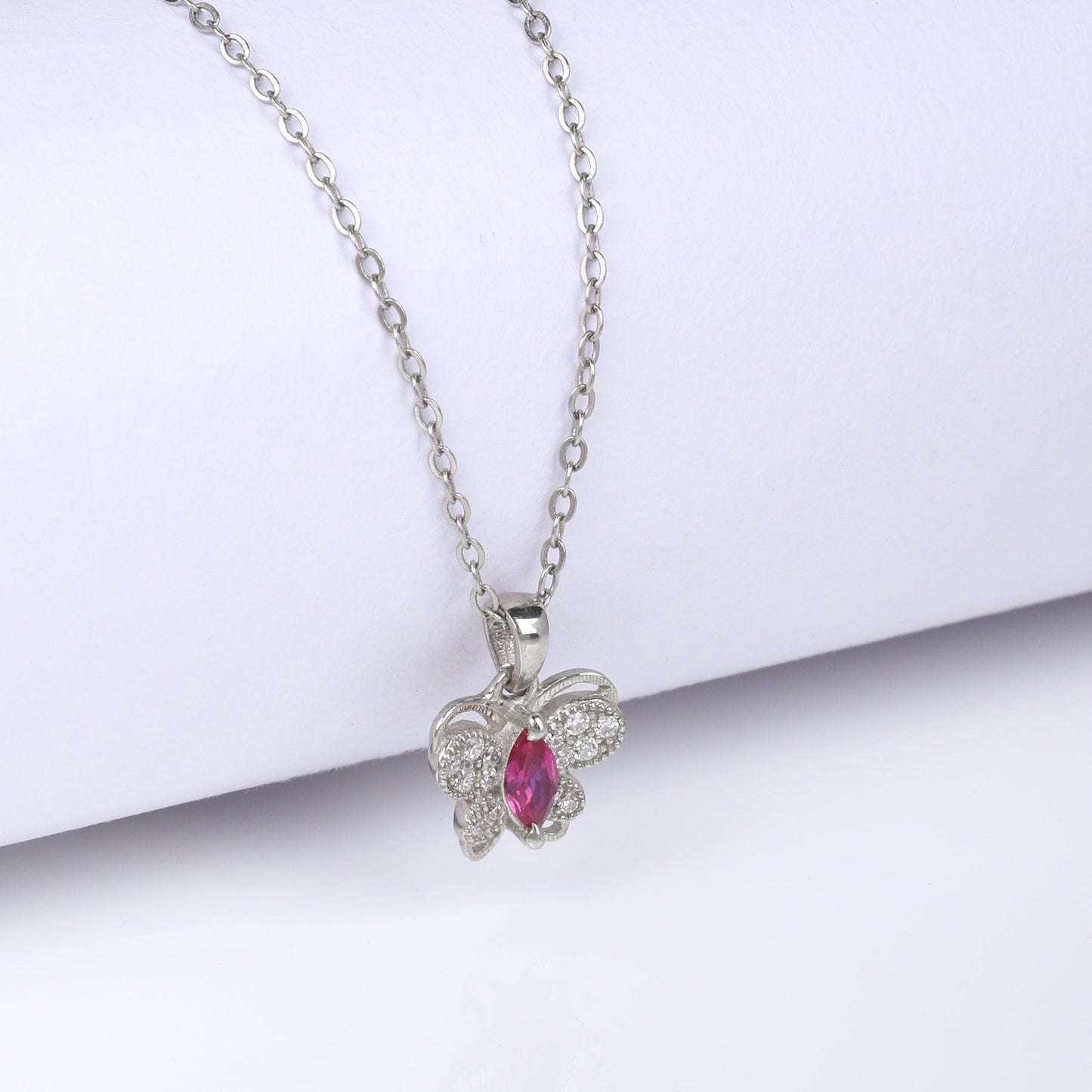 Silver Pop Pink Studded Butterfly Pendant With Link Chain