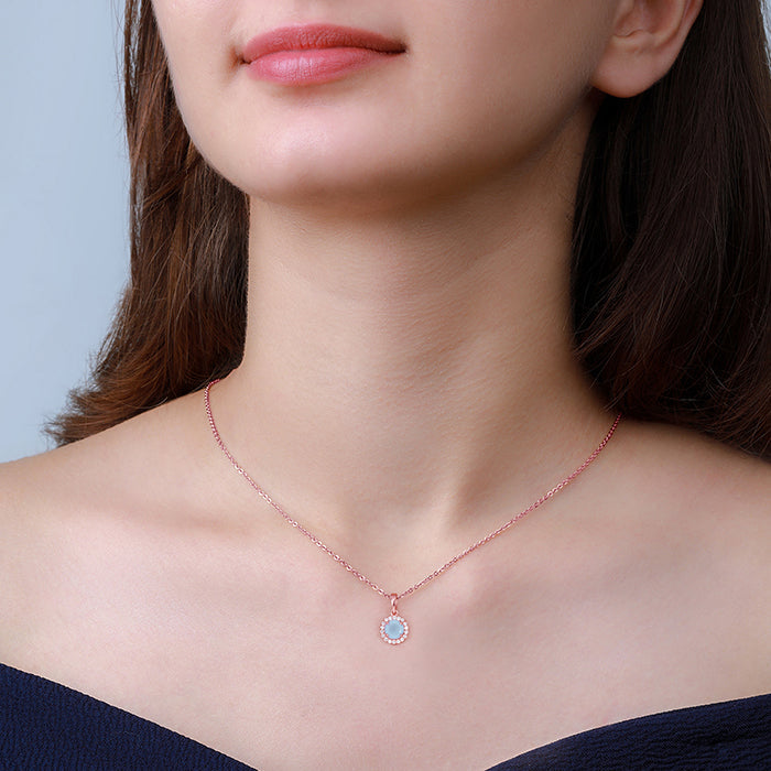Rose Gold Blue Halo Pendant With Link Chain