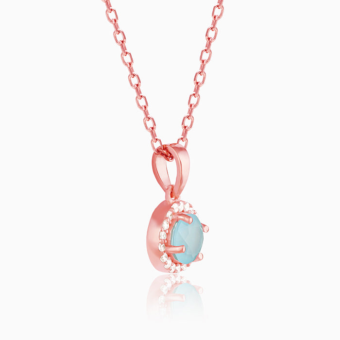Rose Gold Blue Halo Pendant With Link Chain