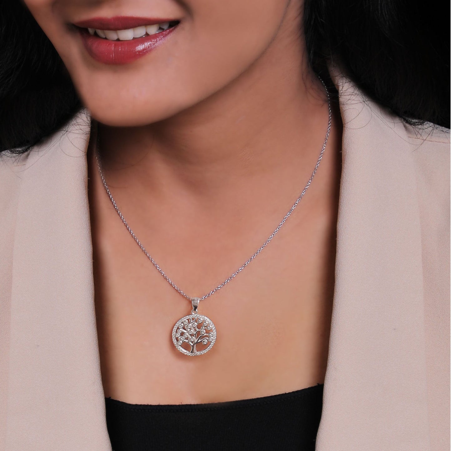 Silver Zircon Tree of Life Pendant with Link Chain