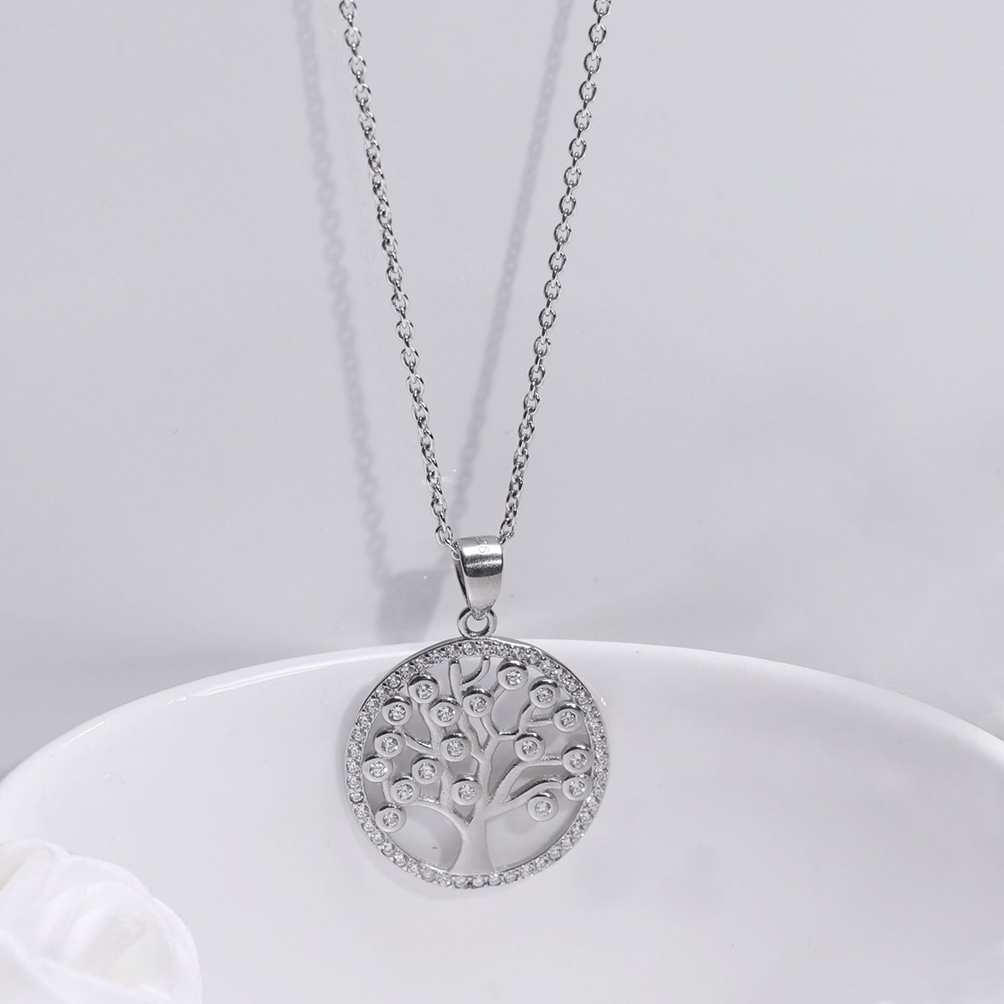 Silver Zircon Tree of Life Pendant with Link Chain