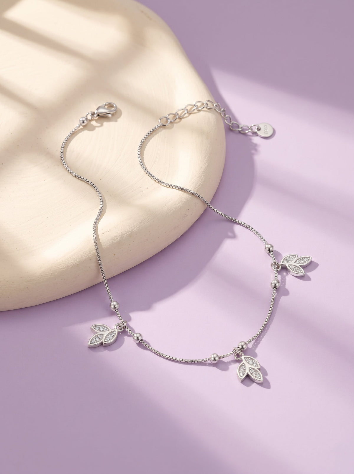 Silver Dangling Triple Leaf Charm Anklet