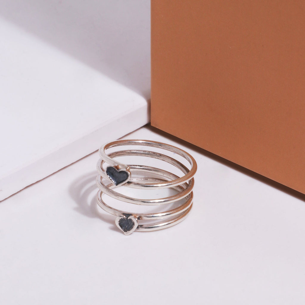 Oxidised Silver Coiled Dual Heart Ring