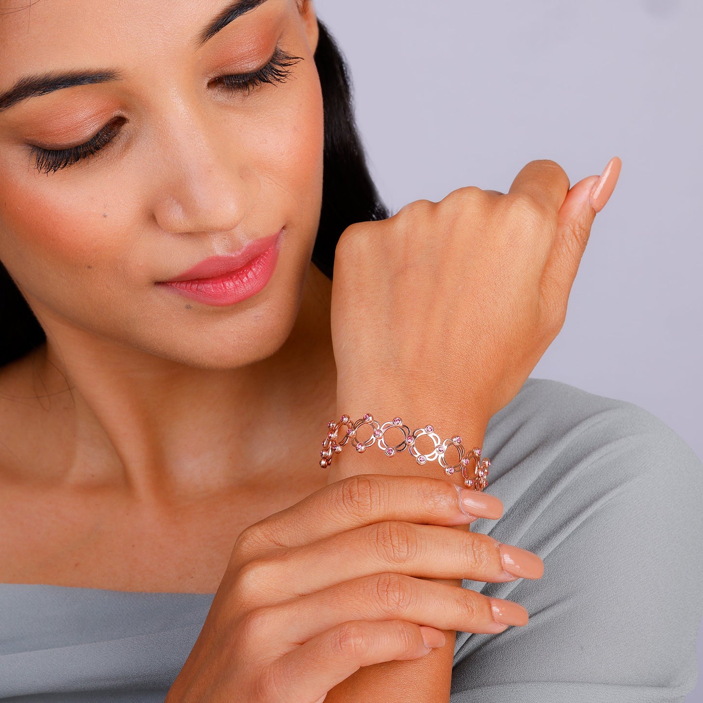 Rose Gold Supple Bracelet with Royal Pink Stones
