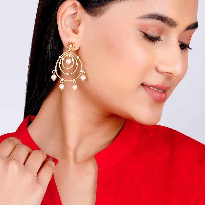 Golden Swirl Pearl Drop Chandbali Earrings