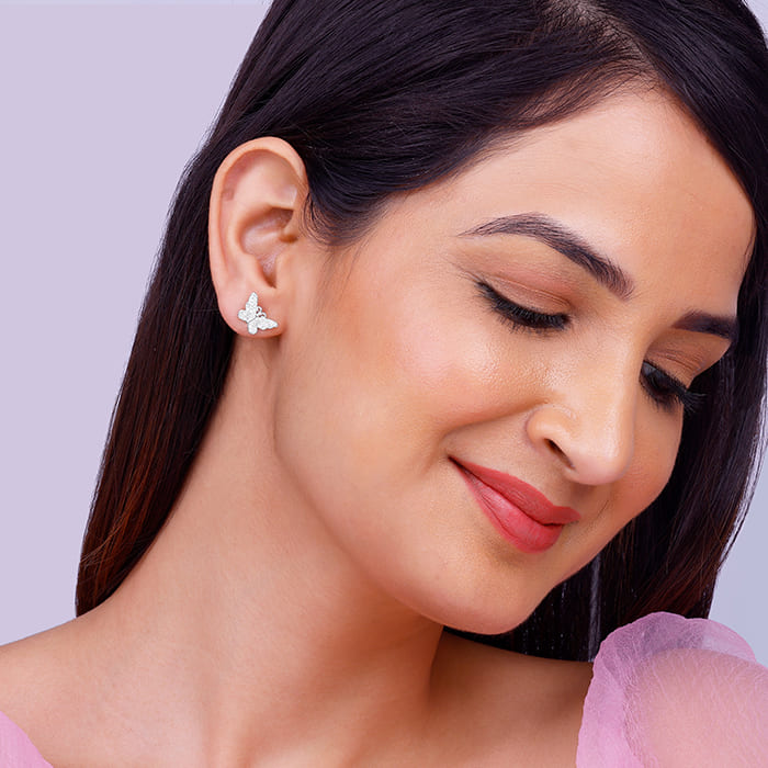 Silver Zircon Butterfly Studs