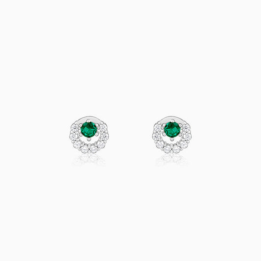 Silver Emerald Green Halo Stud Earrings