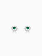 Silver Emerald Green Halo Stud Earrings