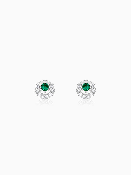 Silver Emerald Green Halo Stud Earrings
