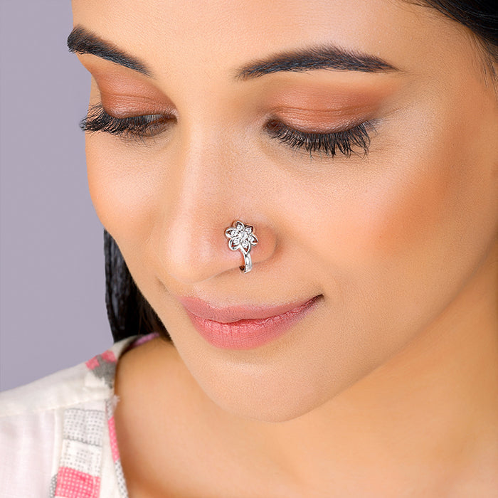 Silver Floral Pleasure Nose Pin (Clip On)