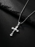 Silver Striped Cross Pendant with Box Chain For Him