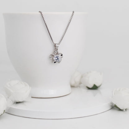 Silver Zircon Flower Pendant with Link Chain
