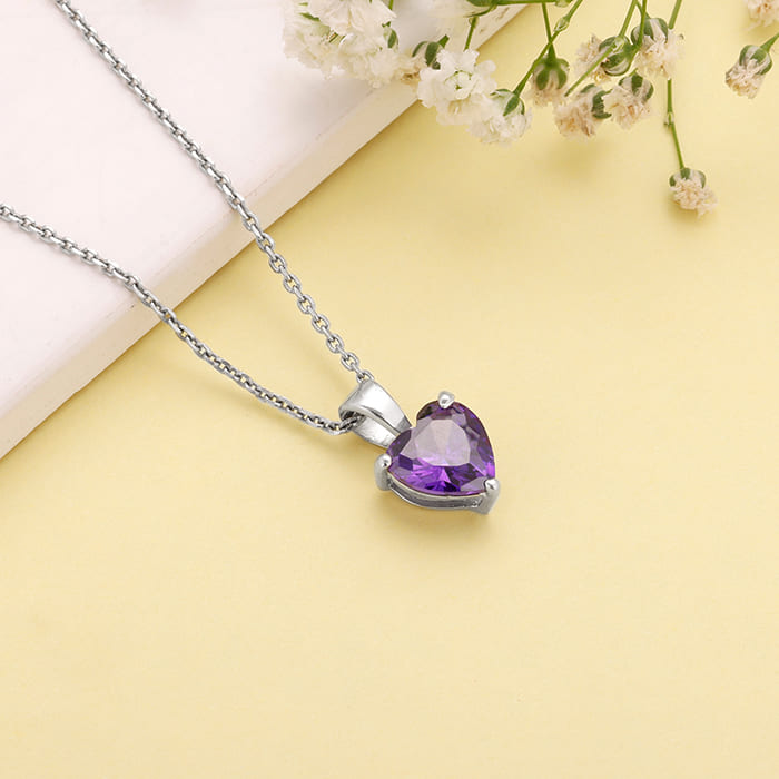 Silver Purple Heart Pendant with Link Chain