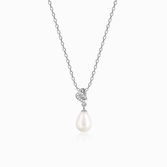Silver Elegant Pearl Drop Pendant with Link Chain