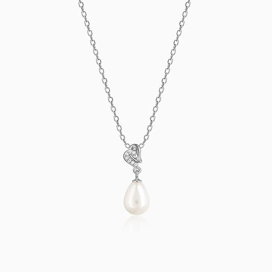 Silver Elegant Pearl Drop Pendant with Link Chain