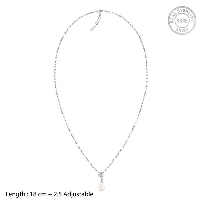 Silver Elegant Pearl Drop Pendant with Link Chain
