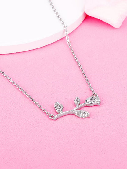 Silver Zircon Studded Rose Necklace