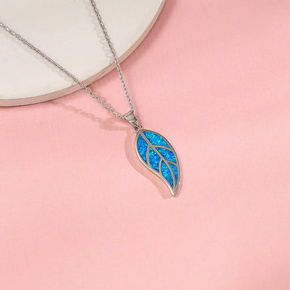Silver Mystic Blue Leaf Pendant with Link Chain
