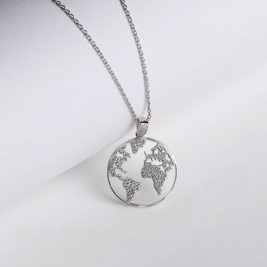 Silver Zircon World Pendant with Link Chain
