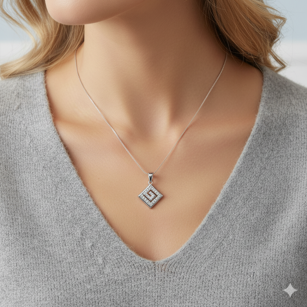 Silver Zircon Maze Pendant with Link Chain