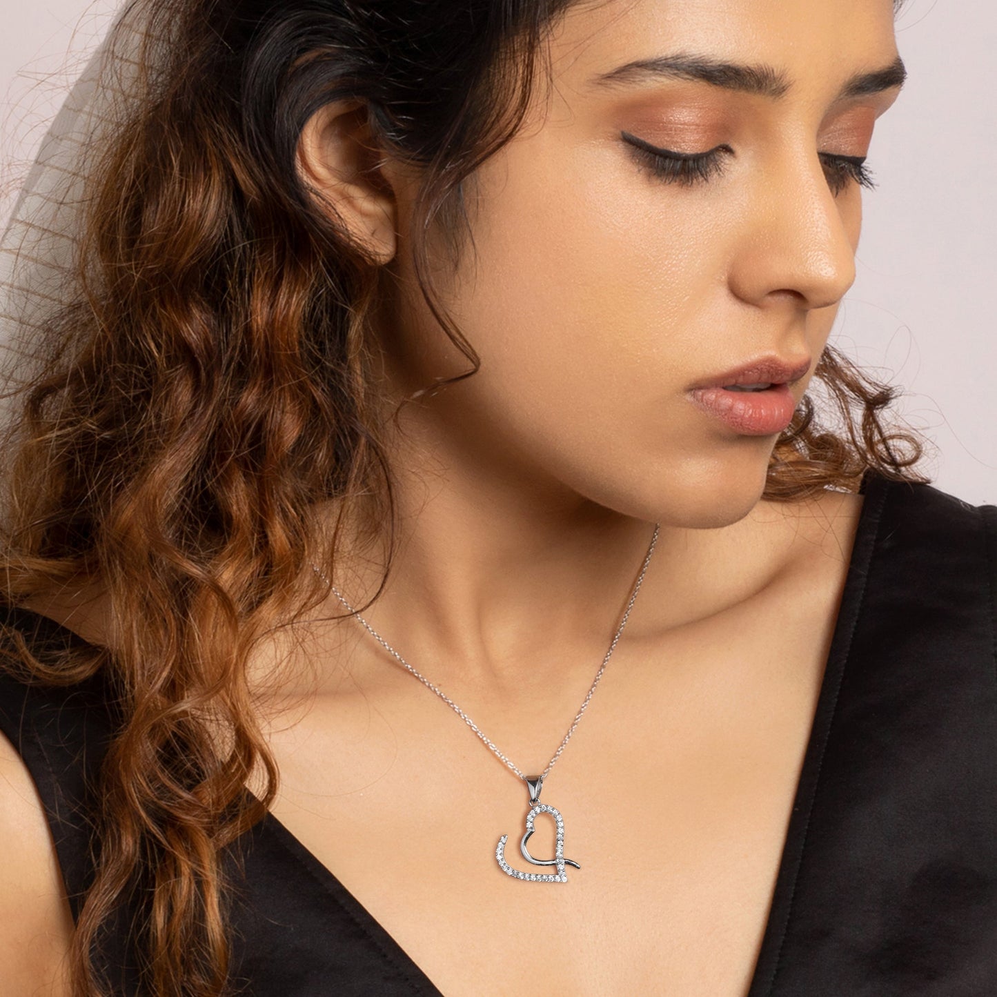 Silver Studded Curl Heart Pendant with Link Chain