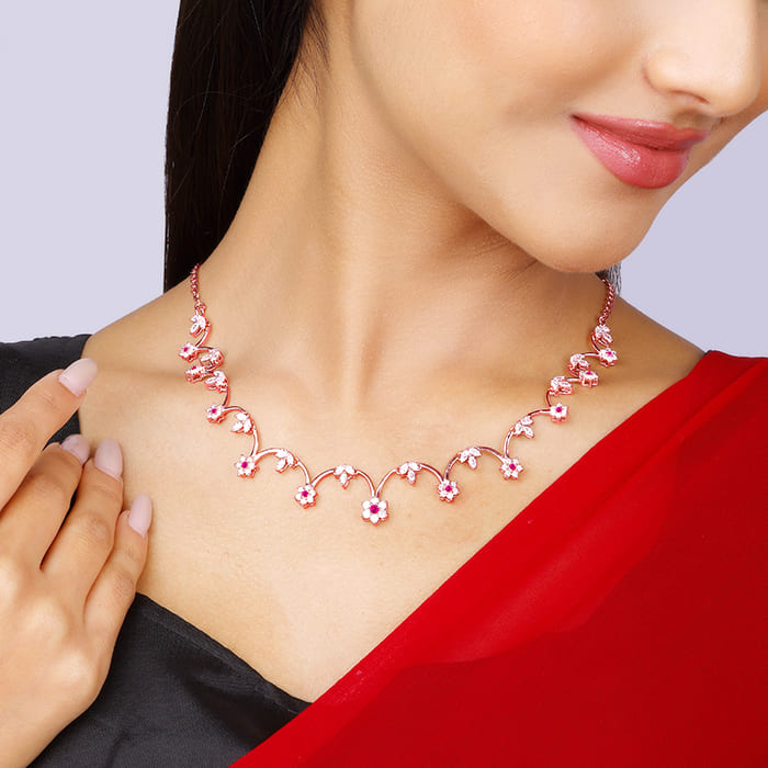Rose Gold Royal Pink Floral Necklace